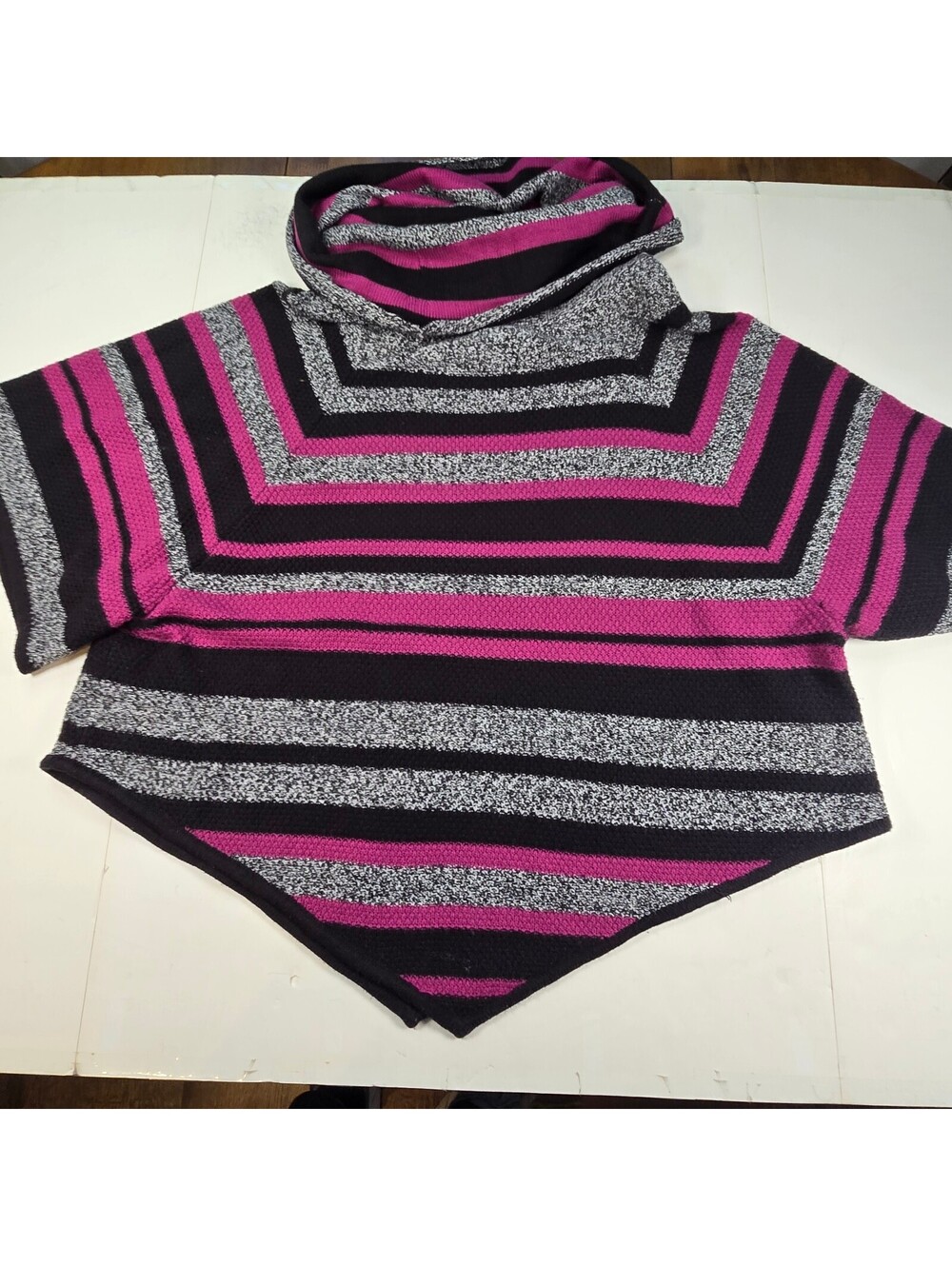 New Directions Weekend Striped Cowl Neck Poncho Sweater 2X Pink Gray Black